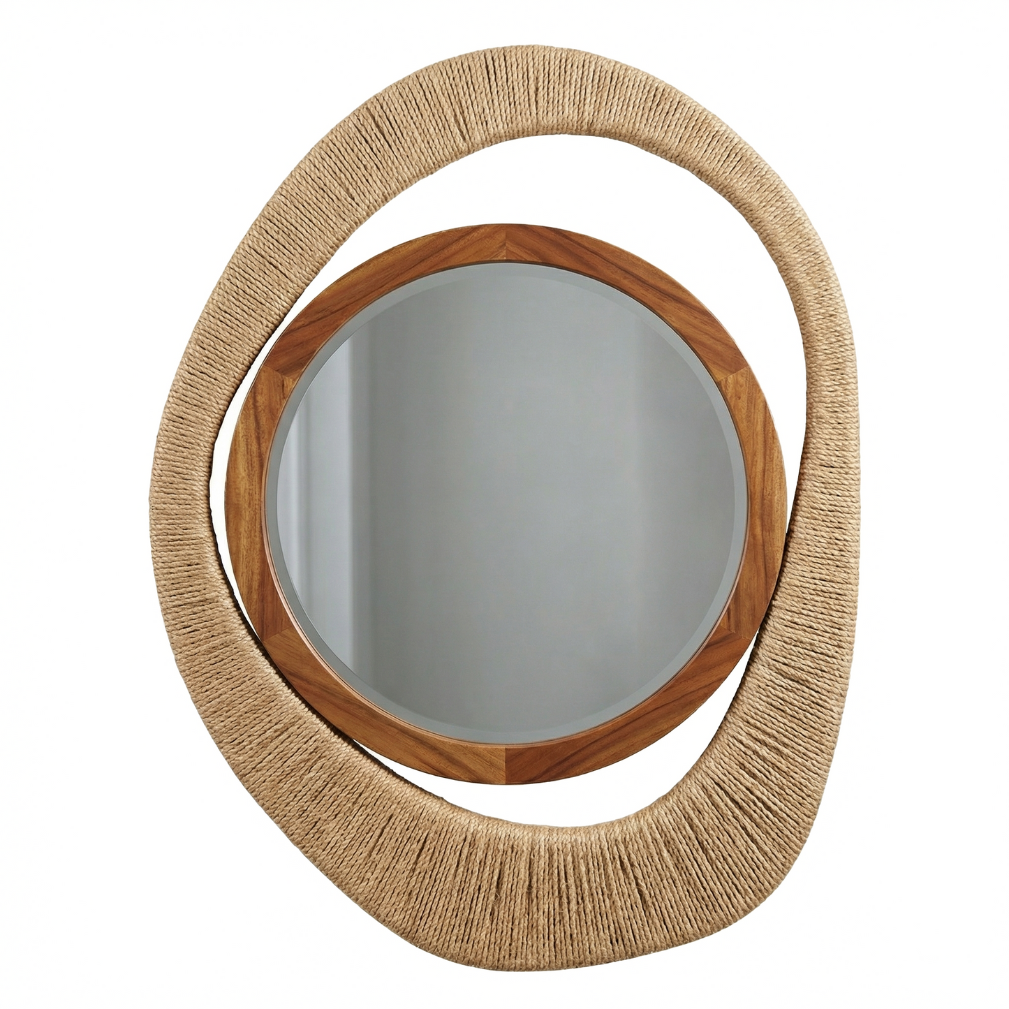 Round mirror with wooden frame and woven beige frame on a white background