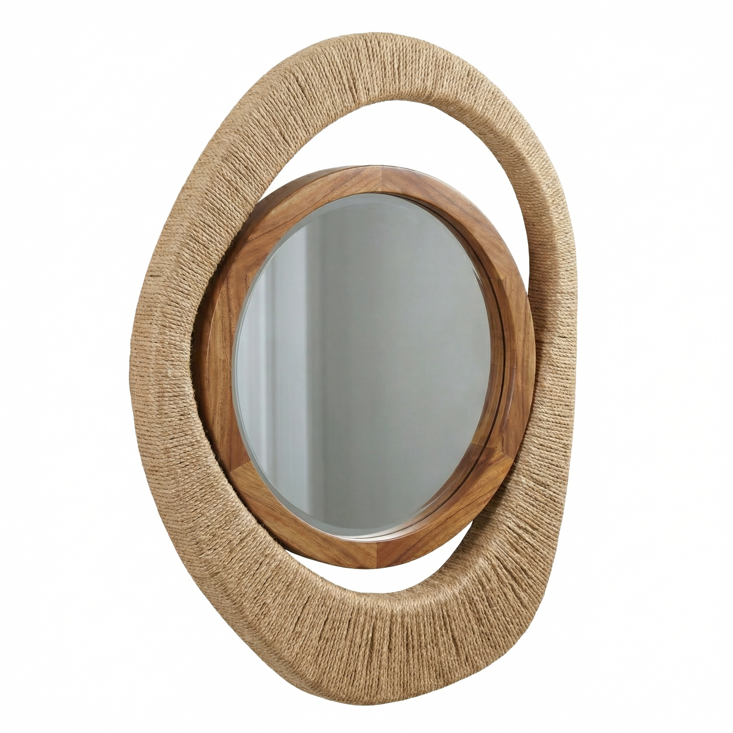 Round mirror with woven brown frame on a white background
