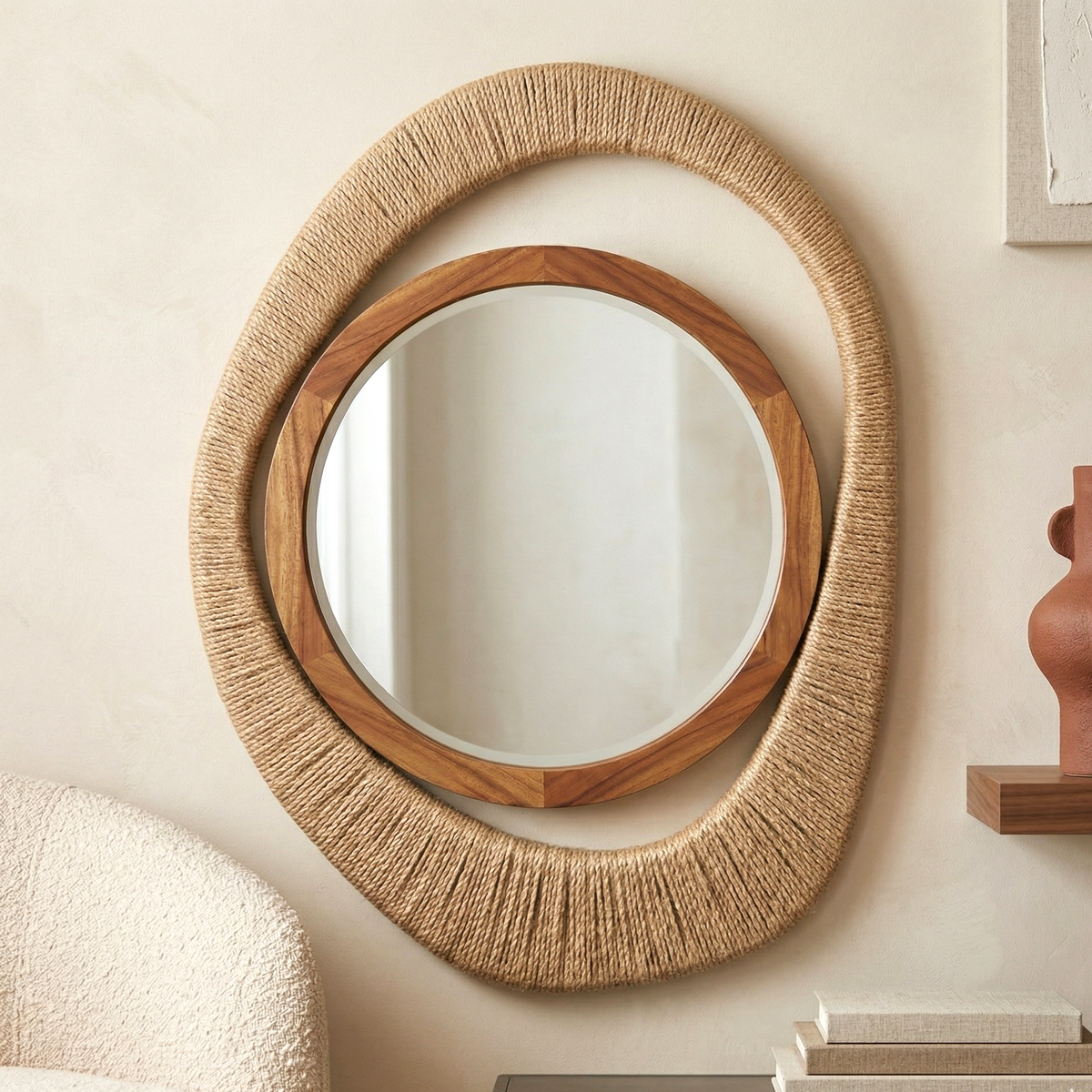 Round mirror with woven frame on a wall